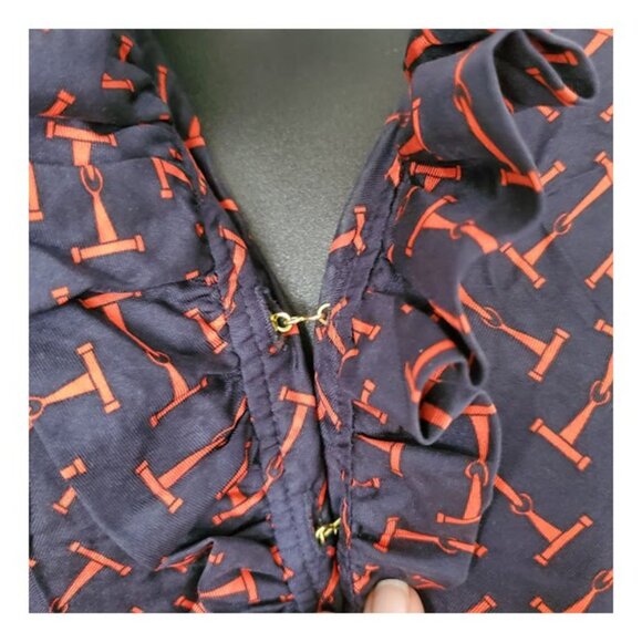 Elizabeth McKay Silk Ruffle Blouse Navy/Red Equestrian Chic T-Bar Print Top Sz 6 - Picture 5 of 13